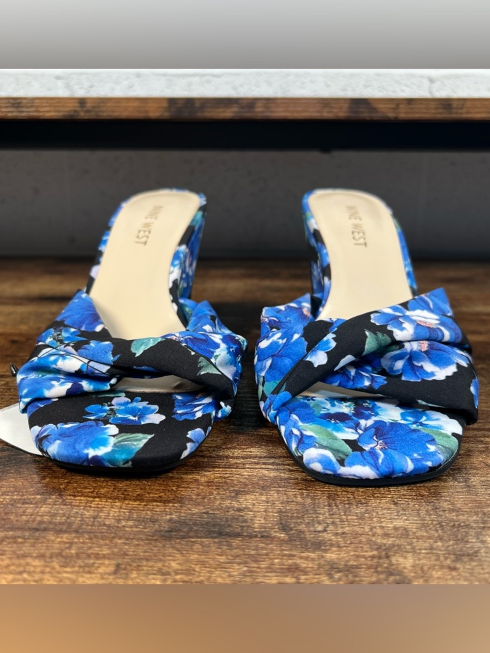 Nine West Sandals Blue Floral Wedge Heel Open Toe Slip On Nudia2 Women's 7 - Picture 2 of 10